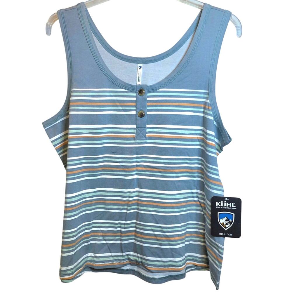 Kuhl Solstice Tank Top Henley Stripe Sz Large Blue Green Shirt Buttons Stretch - Picture 2 of 15